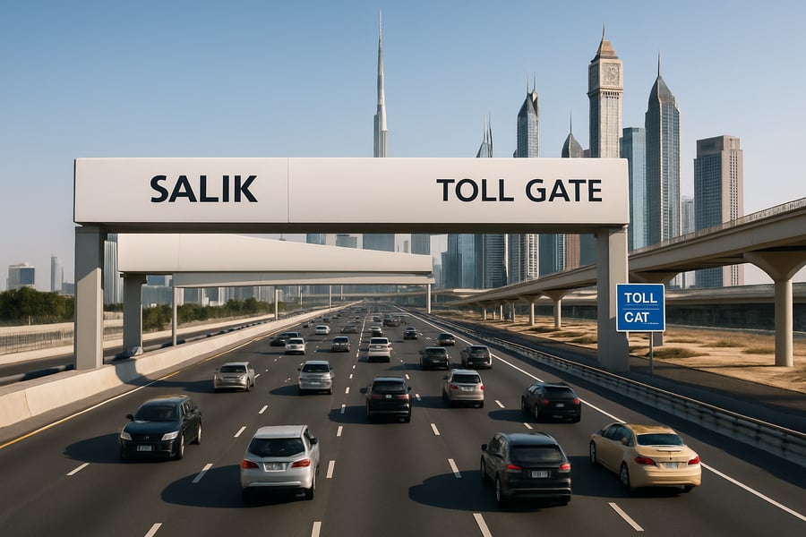Dubai toll road with city skyline in the background